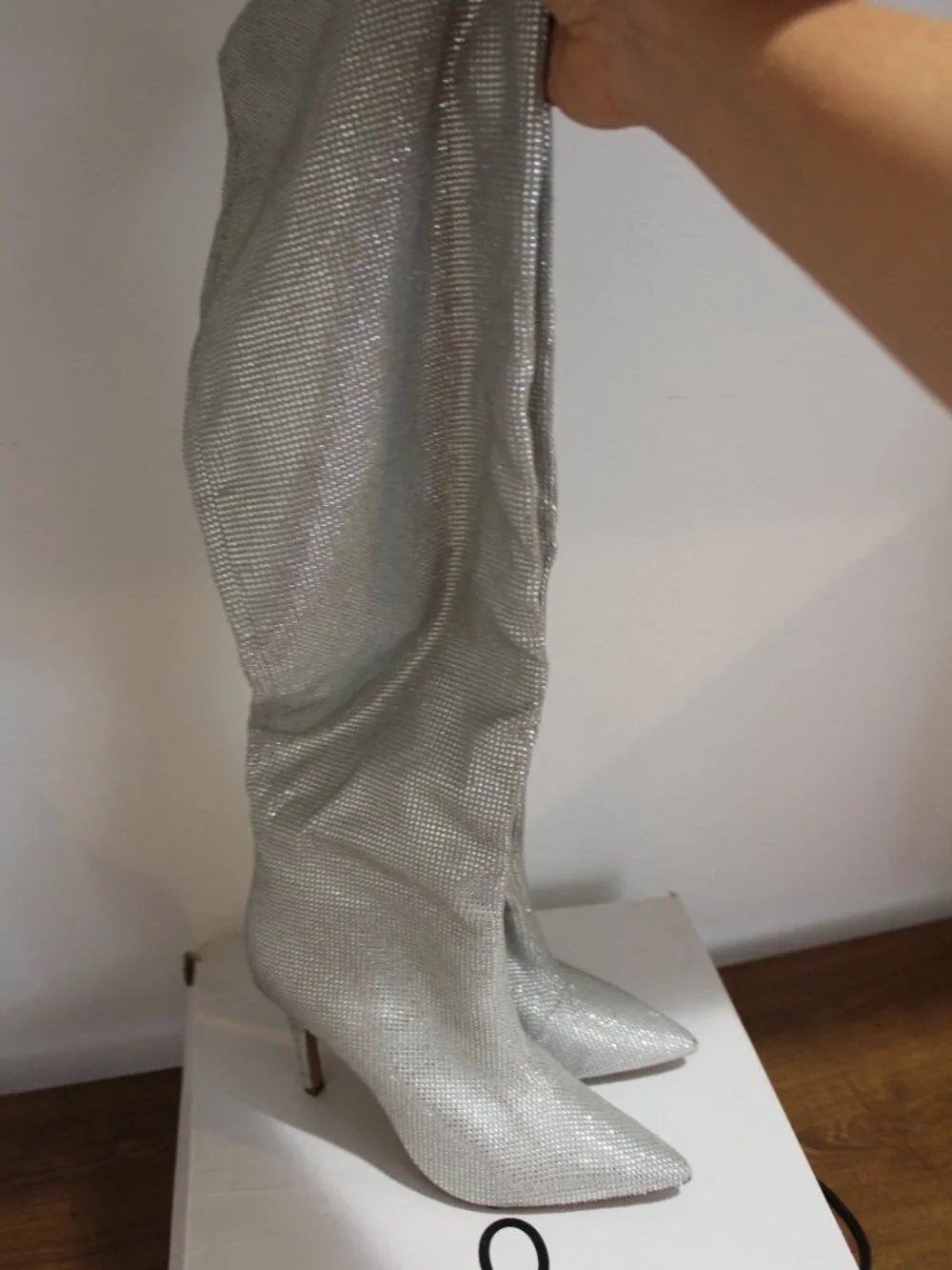 ALDO Claira Silver Rhinestone Crystal Slouchy Knee High Stiletto Boots Size 9